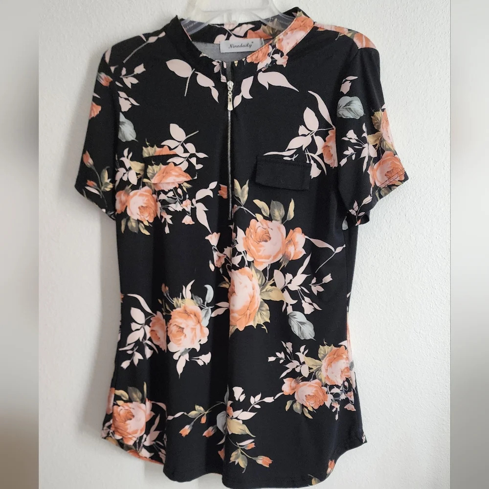 Ninedaily Women's 1/4 zip Pullover Floral Short Sleeve Blouse Sz L